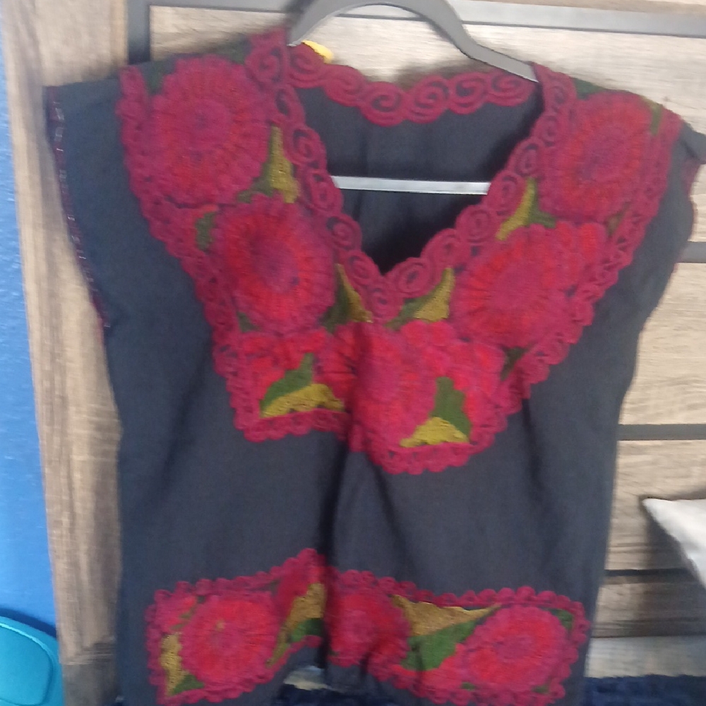 Black Embroidered Mexican Blouse with Red Floral Trim